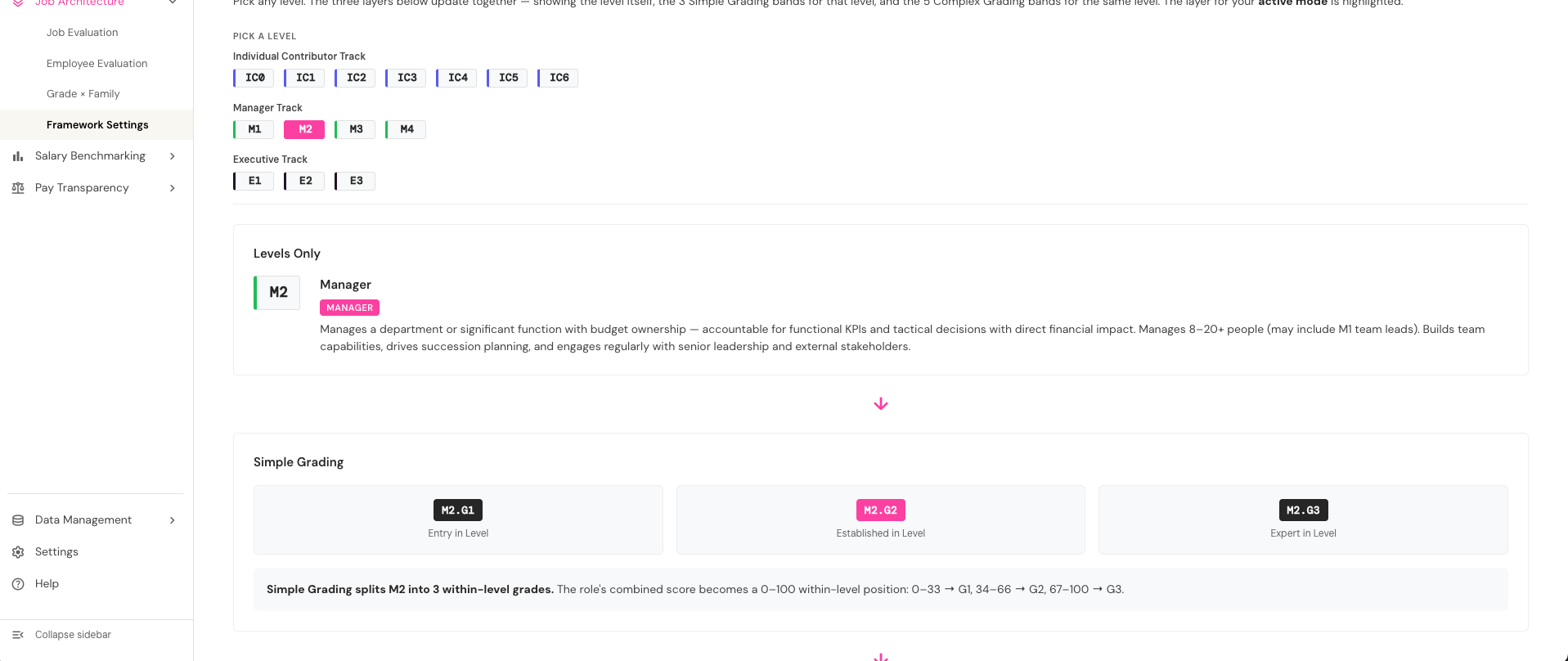 Compensation IQ job architecture platform - fourteen-level framework showing Individual Contributor, Manager and Executive tracks with plain-English level definitions