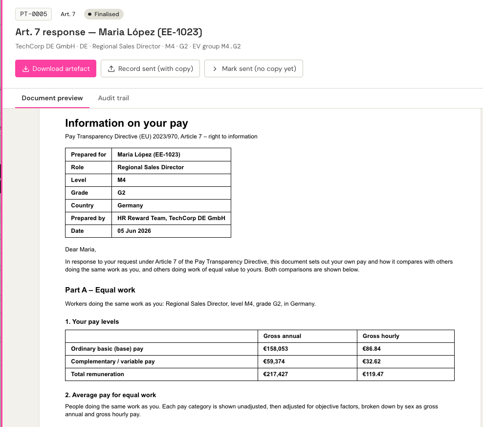 Compensation IQ EU Pay Transparency Article 7 right-to-information response document, generated from categorised pay data