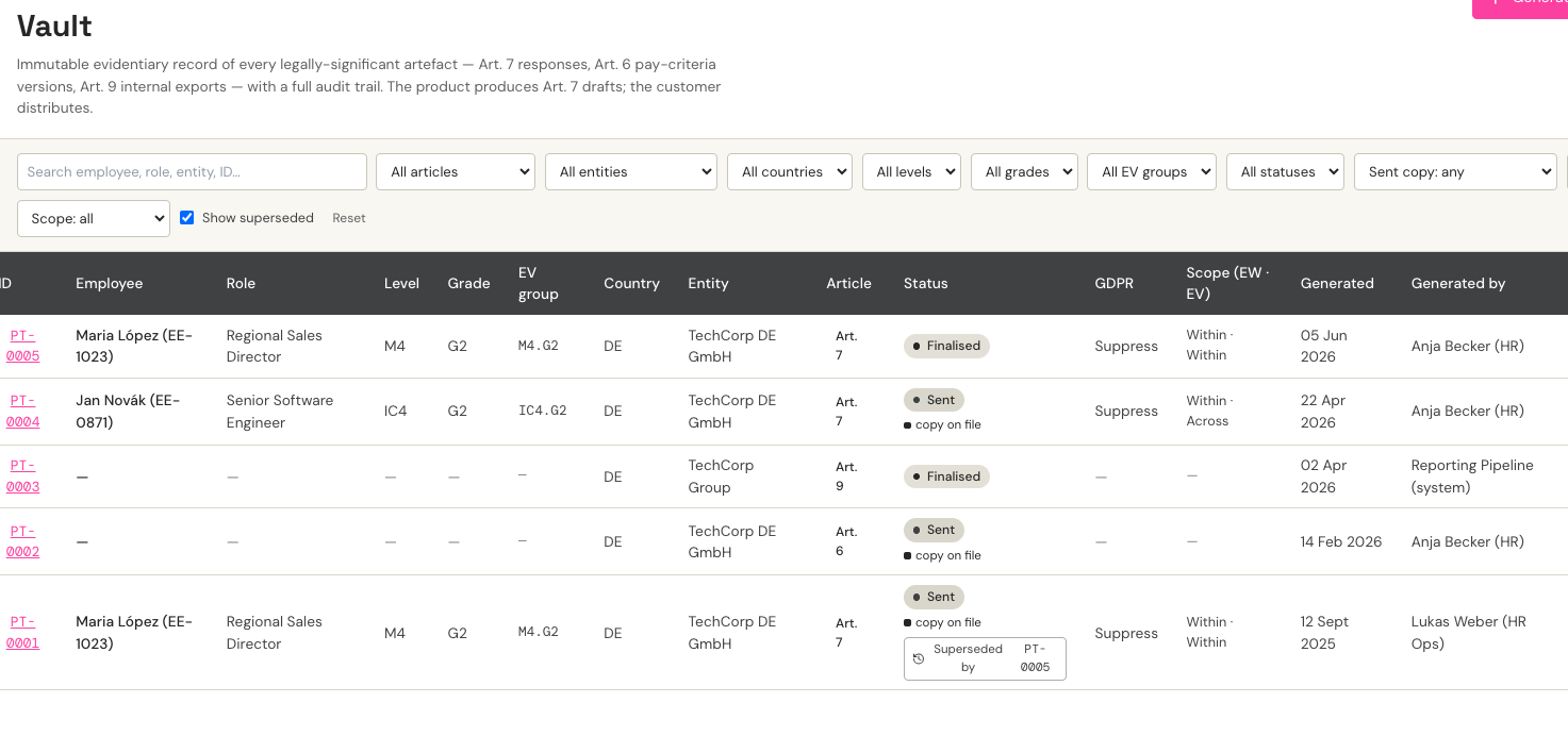 Compensation IQ EU Pay Transparency audit trail showing every pay component classification decision, time-stamped and versioned